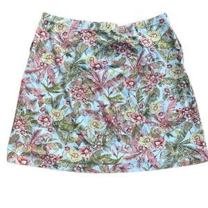 J. Jill Mini Skirt Light Blue Floral Tropical Beach Stretch Pockets Size Large